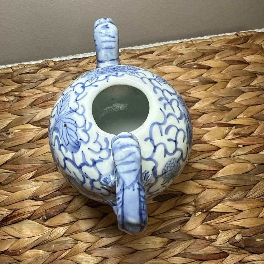 Vintage Chinese Blue White Porcelain Teapot Fish Motif Dragon Handle No Lid